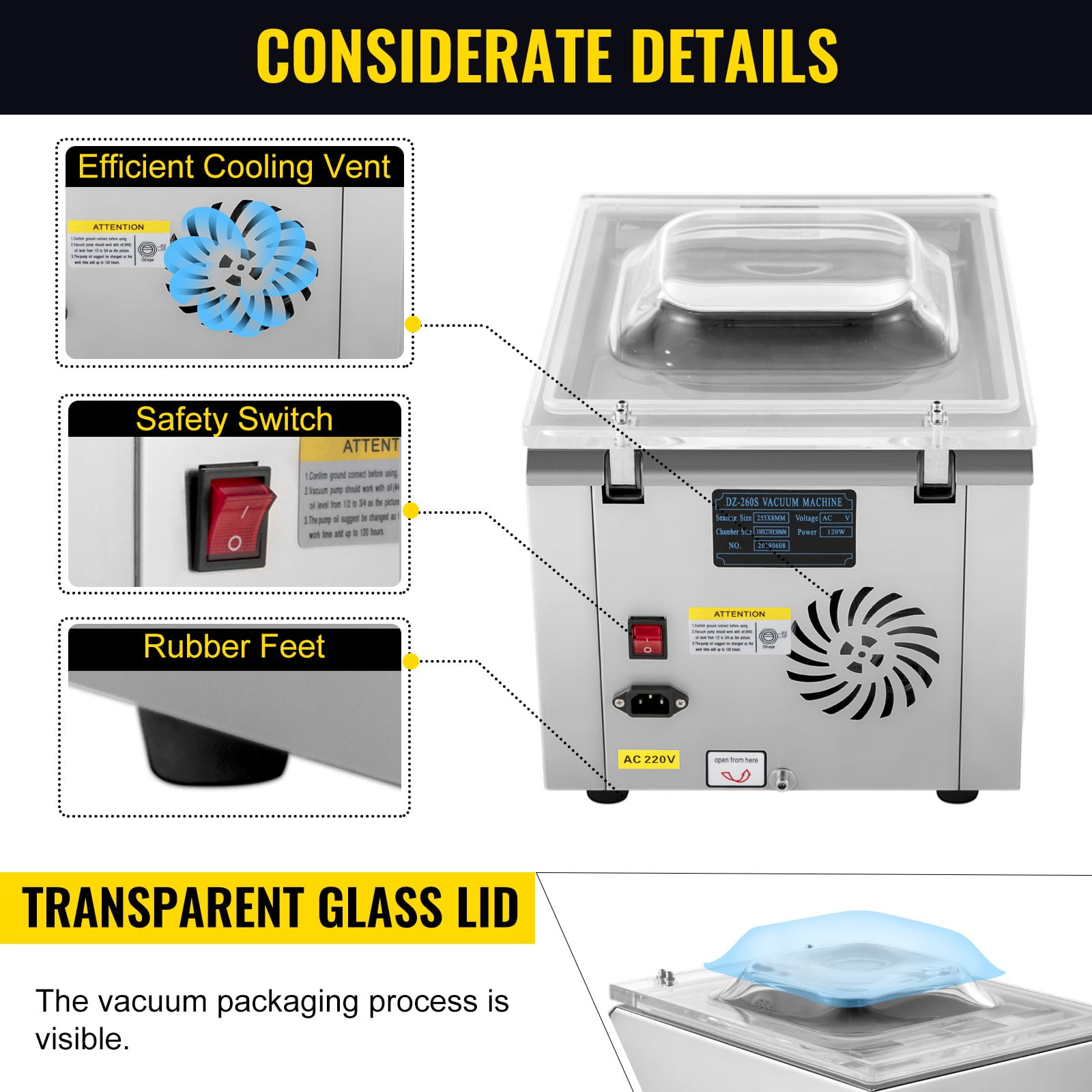 SIHAO Chamber Vacuum Sealer, Foods Vacuum Packing Machine for Wet Foods, Meats, Marinades and More, 260W Sealing Power, Compact Size with 9.5 in Sealing Length, Applied in Home Kitchen and Commercia