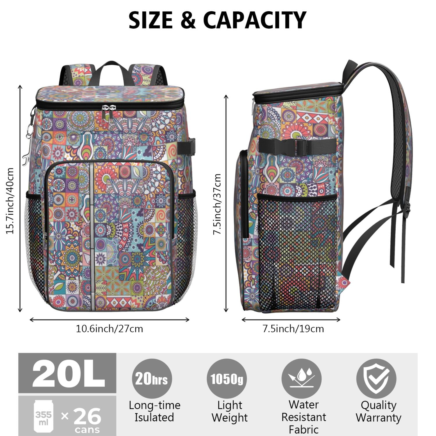 Travel Cooler Bag - Boho Bohemia Flower Camping Beer Cooler Backpack with Bottle Opener- Waterproof Insulated Picnic Backpacks - Cooler Bag for Beach