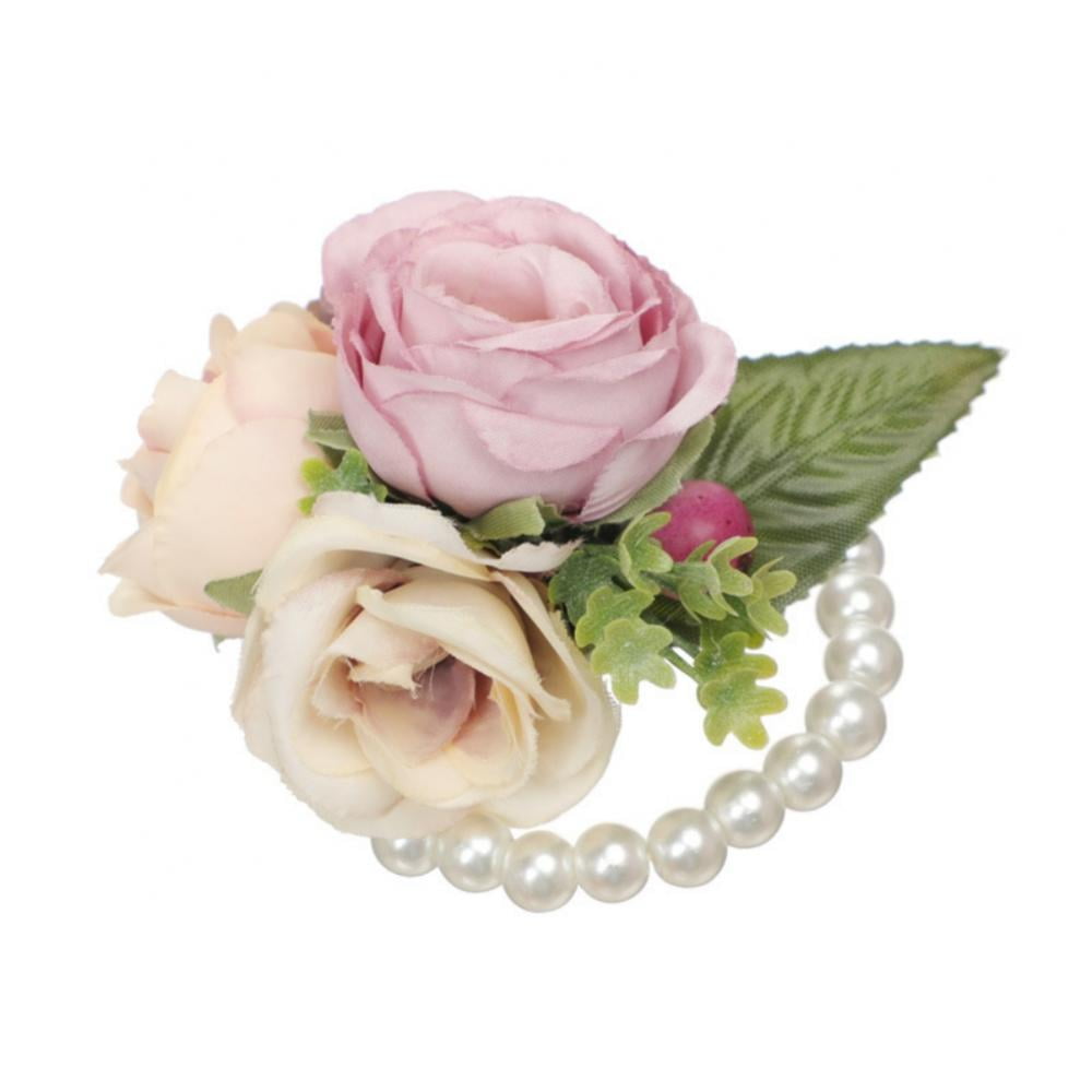 Bridesmaid Wedding Decor Bracelet Pearls Rose Tulle Band Hand Wrist Flower 