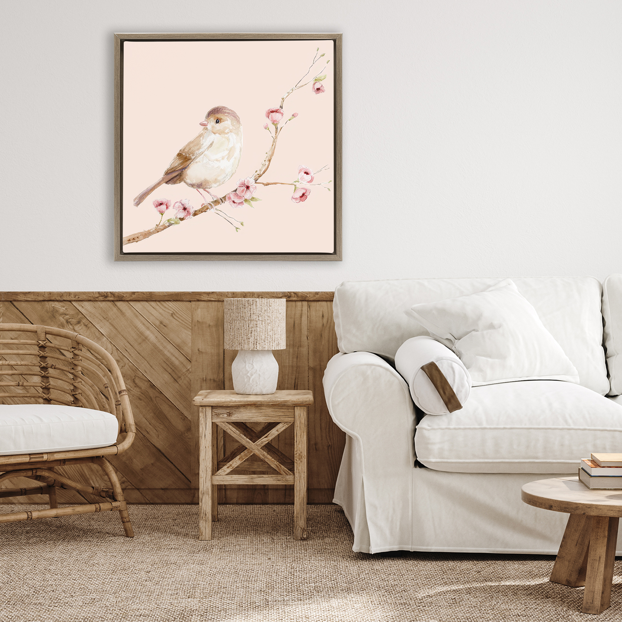 Sweet Brown Bird Perched Brown Framed Floater Canvas Wall Art, design by Lisa Wehmeyer