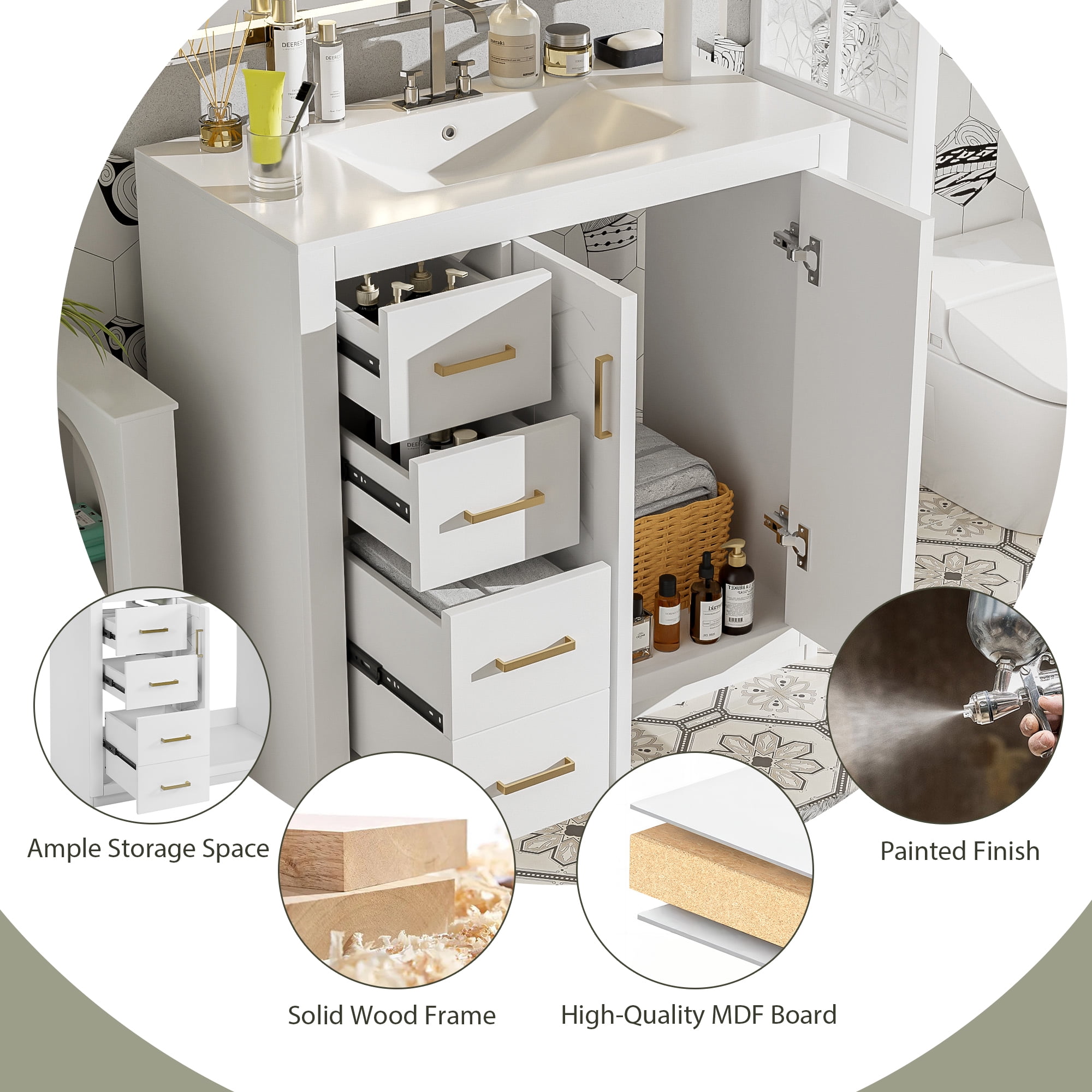 Euroco Bathroom Vanity with Ceramic Undermount Sink, Solid Wood Frame, 3 Drawers & Cabinet Storage, Soft-Close Doors