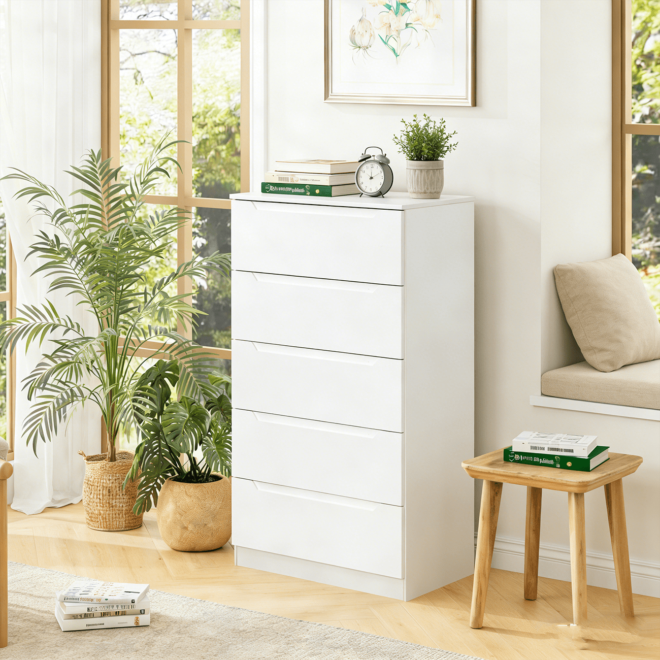 Meteorleg White 5 Drawer Dresser for Bedroom, 48" H Tall Modern Chest of Drawers, Wood Storage Dresser with Deep Drawers for Living Room Hallway Entryway
