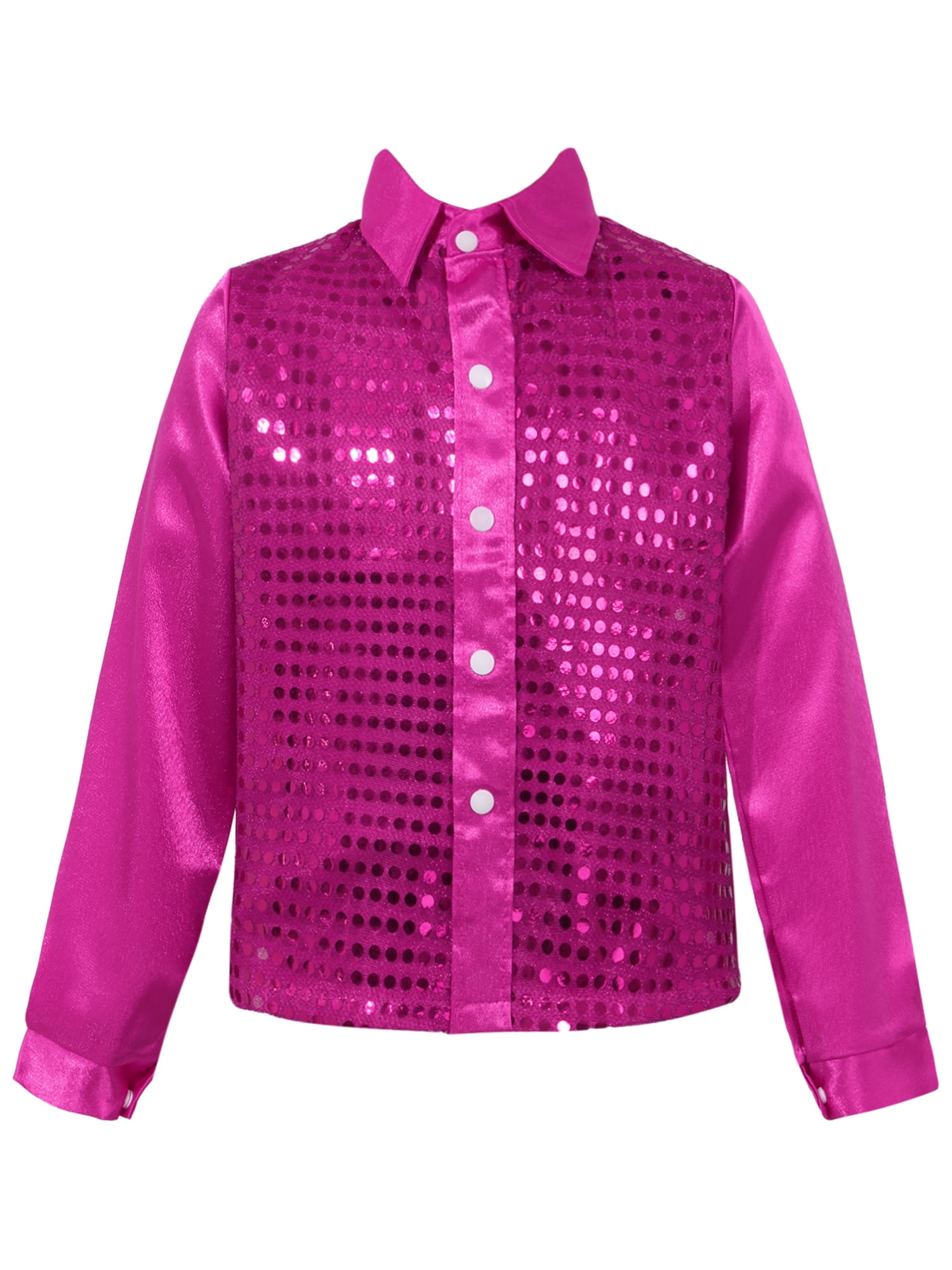 Sywiyi Kids Shiny Sequins Shirts Long Sleeve Spread Collar Disco