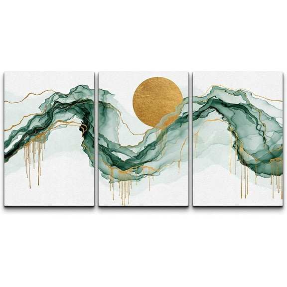 wall26 Canvas Print Wall Art Set Gold Sunshine Sun Green Pastel Smoke Cloud Wave Nature Abstract Illustrations Modern Art Rustic Landscape for Living Room, Bedroom, Office - 16"x24"x3 Panel