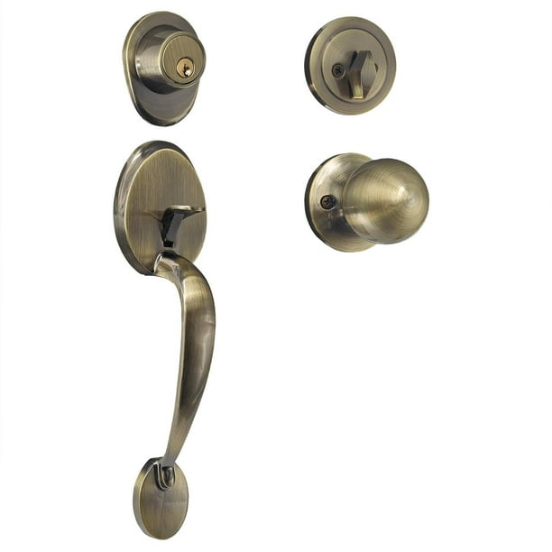 Cerradura Residencial con llave,Juego de cerradura puerta principal con Jaladera-Gatillo y Perilla,Cerrojo cilindro-mariposa Latón,chapa para puerta exterior con Manija Puerta(Latón Antiguo)