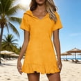 thumbnail image 2 of asdoklhq Summer Plus Size Dresses Mother Of Bride Dresses Women's Solid Color Short Sleeve Hooded Flared Casual Loose Dress Yellow S, 2 of 9