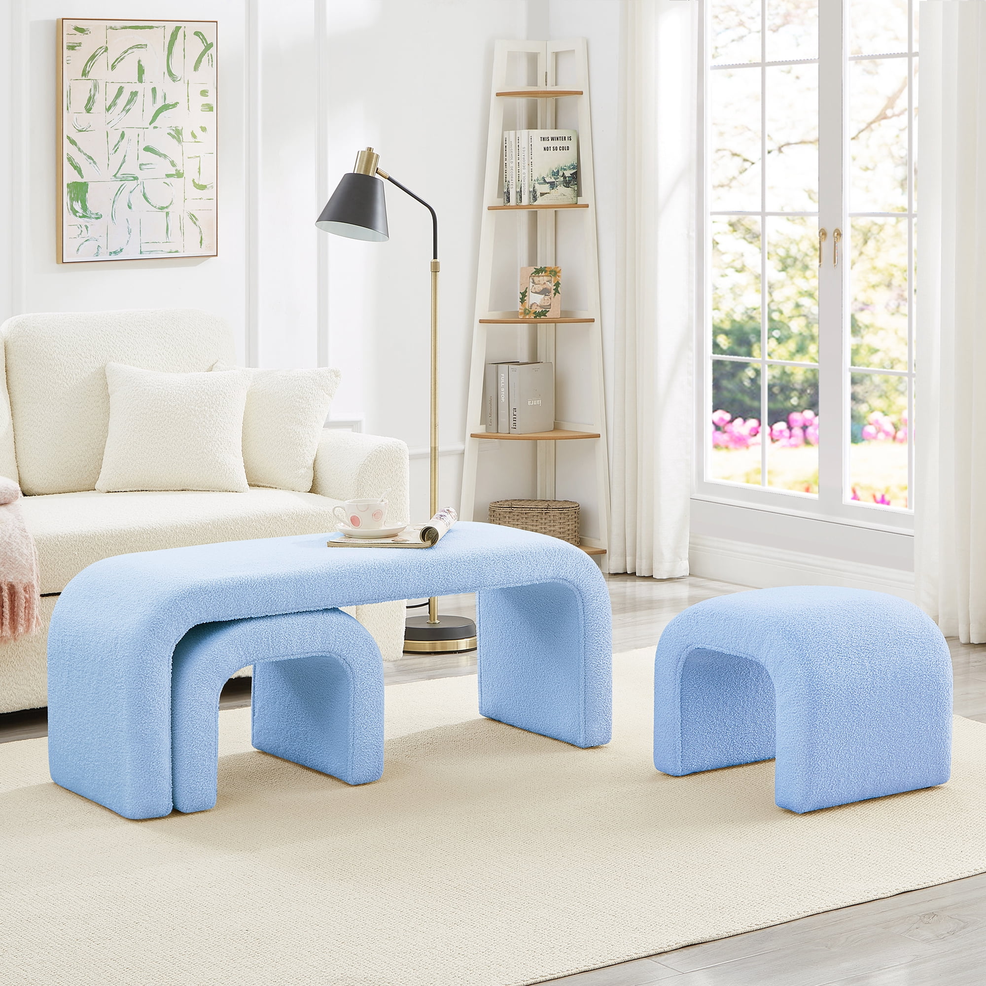 Aukfa 3-Piece U-Shaped Teddy Ottoman Bench Set, Upholstered End of Bed Bench, 2 Stools, No Assembly Required,Light Blue