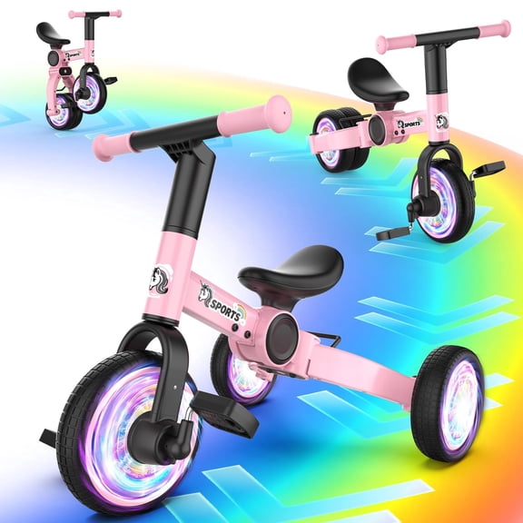 3 in 1 Toddler Balance Bike for 1-4 Year Olds, Colorful Lighting Baby Toddler Tricycle  with Removable Pedals, Kids Bicycle Toy for Boys Girls Balance Training, Birthday Gift