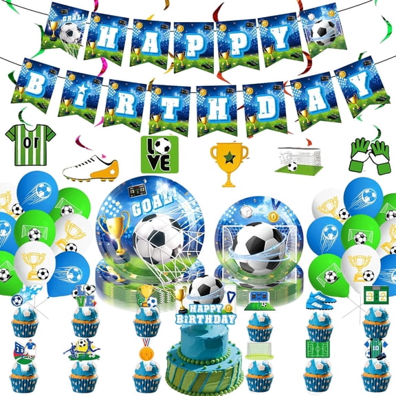 Soccer Birthday Party Decorations Kit for 24 Guests - 102 Pieces Includes Plates, Napkins, Cups, Tablecover, Cake Topper, Honeycomb Balls, Banner, and Latex Balloons for Sports Theme Celebration