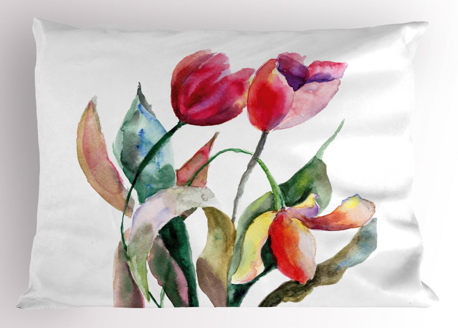 Art Pillow Sham Watercolor Tulip Flowers Bouquet Feminine Beauty Spring Revival Image, Decorative Standard Size Printed Pillowcase, 26 X 20 Inches, Scarlet Magenta Forest Green, by Ambesonne