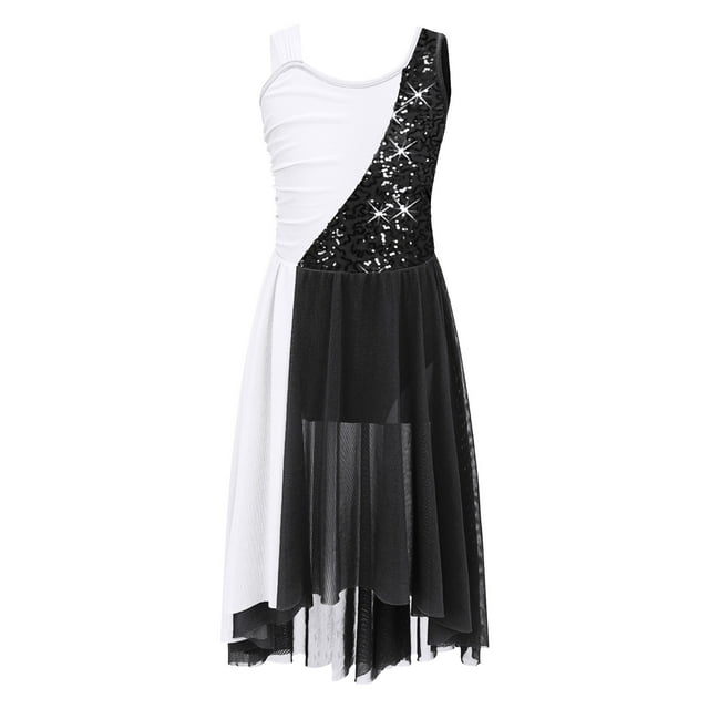 Mufeng Robe de Danse Sans Manches à Paillettes pour Filles Enfants, Costumes de Danse Lyrique Moderne Contemporaine, Noir 14