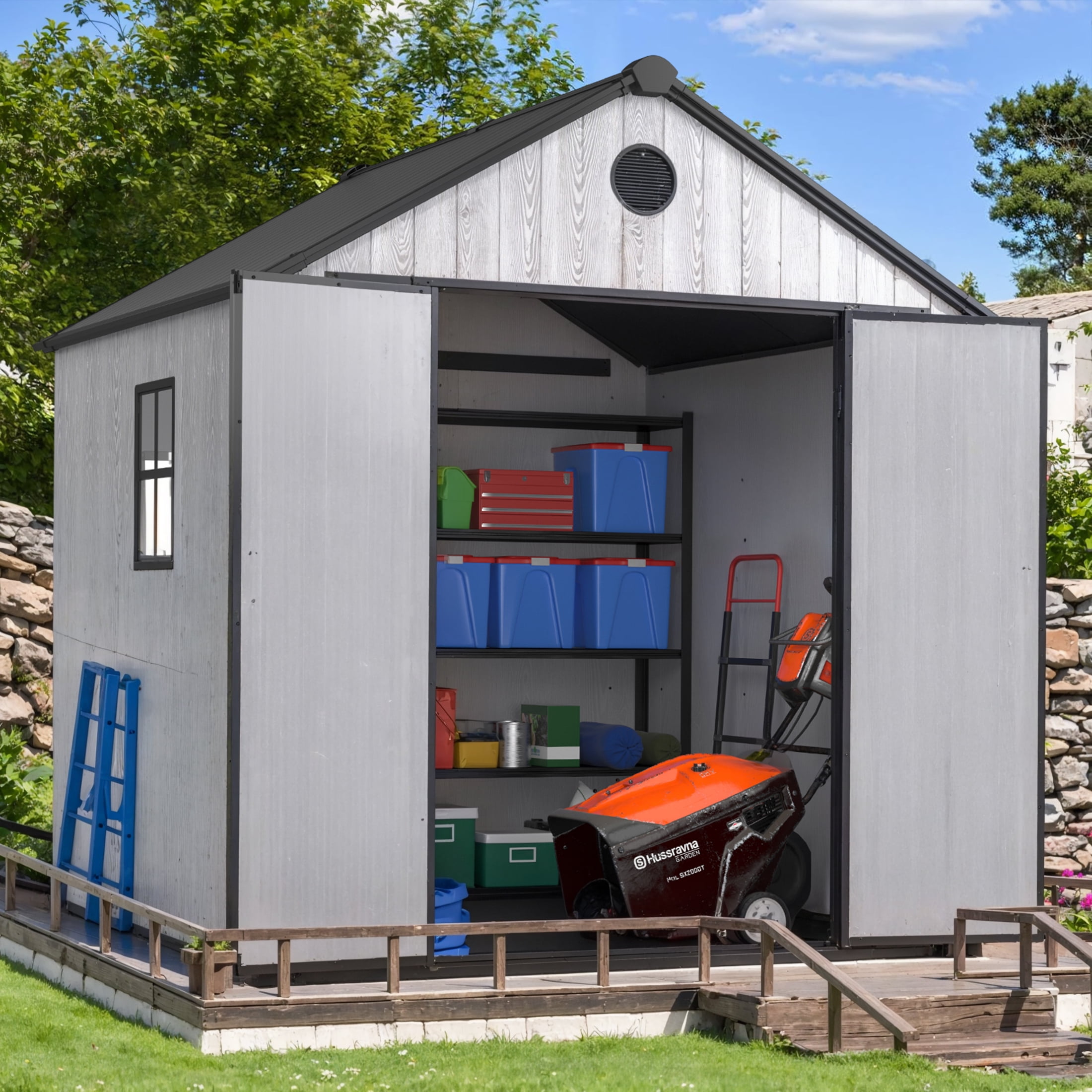 Enyopro 8×8 FT Storage Shed, Large Walk-in Outdoor Storage Shed, Heavy-Duty Resin Shed with Lockable Double Doors, Reinforced Roof, Windows & Floor, Weatherproof Garden Shed for Backyard Patio, Gray