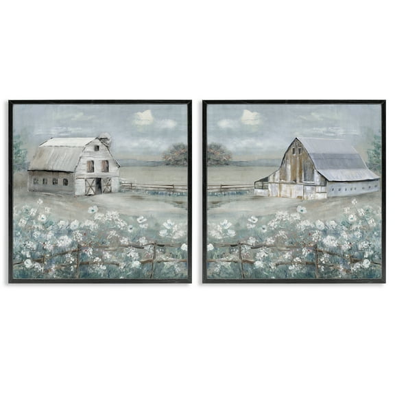 Stupell Industries Country Meadows with Barns Landscape & Nature Painting Black Framed Art Print Wall Art, 12 x 12, Set of 2