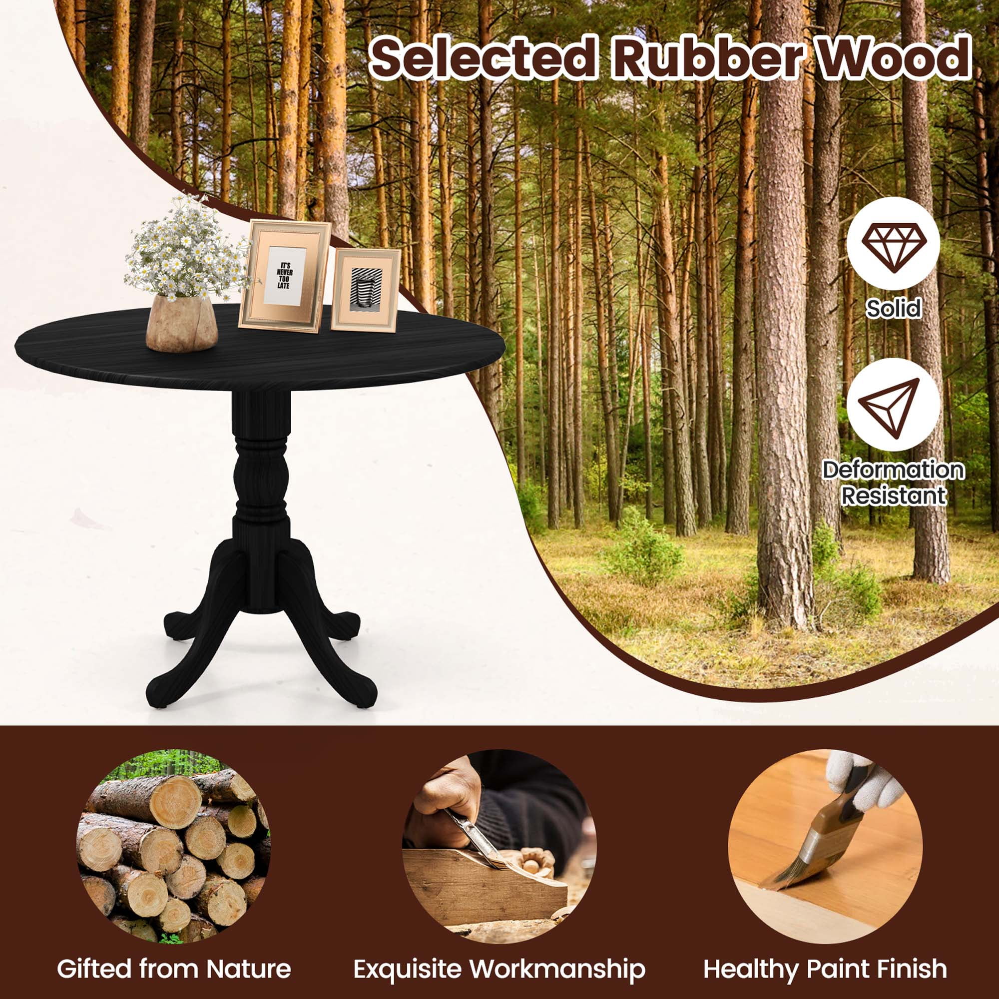 Costway 4-Person Dining Table Wooden Kitchen Table with Solid Rubber Wood Frame for Kitchen Black