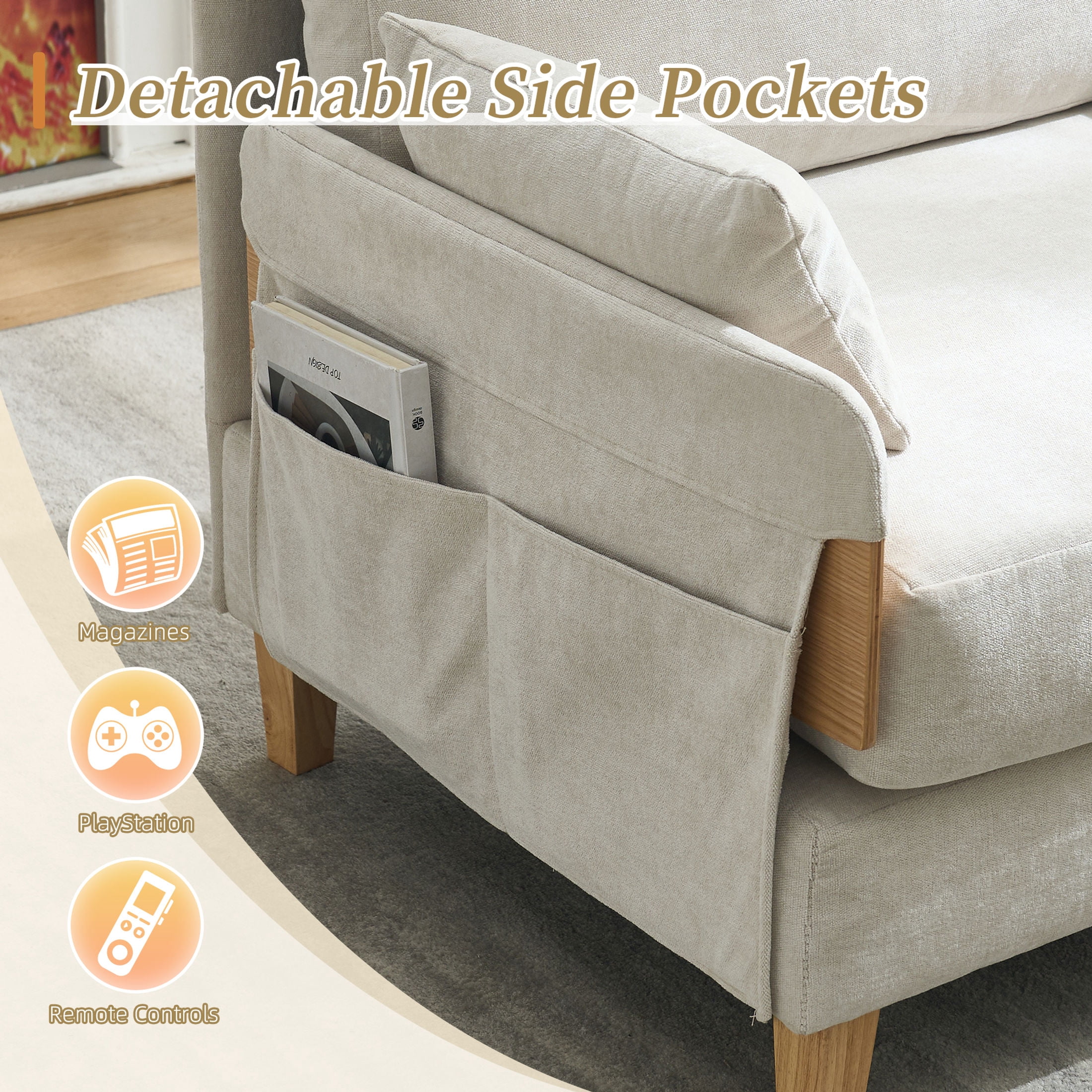 Noble House 3-in-1 Convertible Chenille Sofa Bed Chair, Foldable Sleeper Recliner with 3 Pillows, Beige