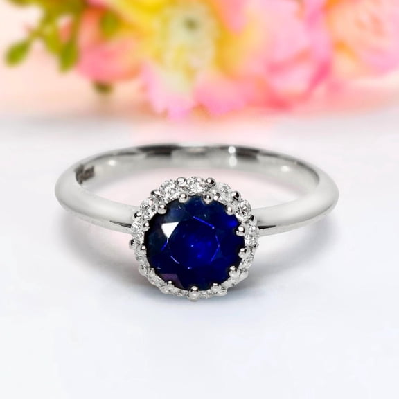 Natural Blue Sapphire Ring 925 Sterling Silver 1.32ct Round Moissanite Diamond Halo Engagement Wedding Gift Ring For Her