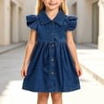 thumbnail image 6 of IFNWSV Toddler Girls Denim Dress Solid Color Short Sleeve Ruffle Button Down Casual A-Line Jean Dress Blue 6-12 Months, 6 of 7