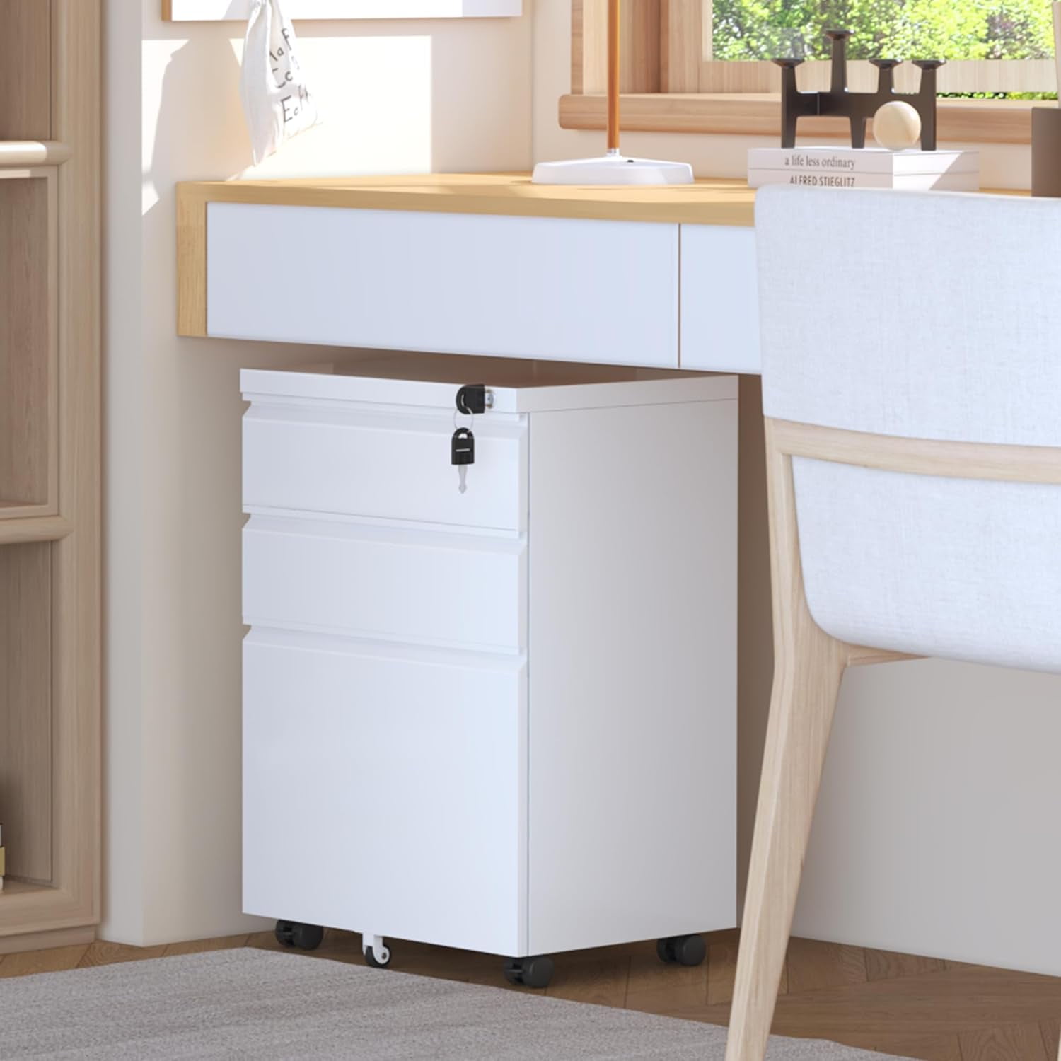 SUNCROWN File Cabinet, 3-Drawer Rolling Metal Mobile File Cabinet with Lock Fully Assembled Except Casters, Under Desk Cabinet for Home Office Fit Letter/Legal/A4 Size Files(White)
