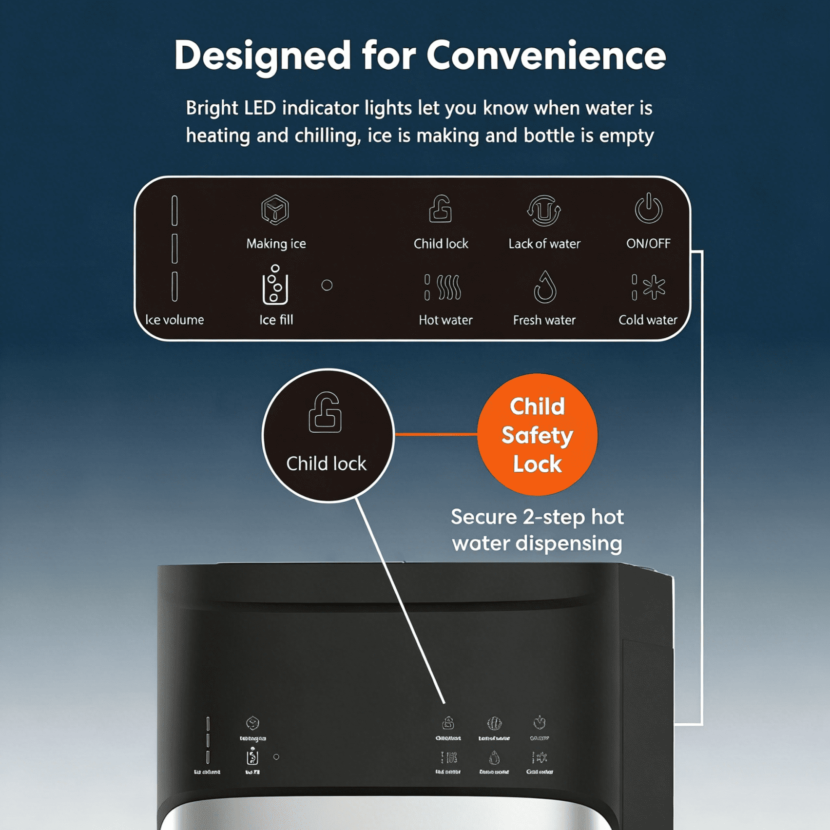 IKT Bottom Loading Water Dispenser with Nugget Ice Maker,Self-Clean,44lbs/Day,5 Gallon,,3-Temp(Cold/Hot/Room),Child Lock,for Home & Office,Black