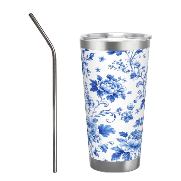 20oz Blue and White Peony Floral Tumbler with Handle and Straw Insulated Travel Coffee Cup Gift with Stainless Steel Straw
