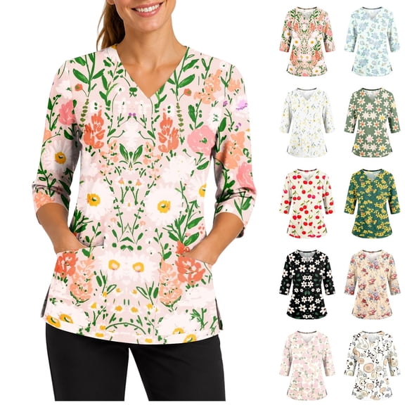LNZGNM Scrub Shirts for Women Loose Fit Floral Print V neck 3/4 Sleeve Womens Nurse Scrubs with Pockets,Pink(XXXXL)