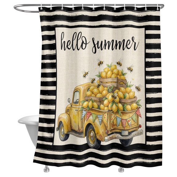 Hello Summer Shower Curtain, Retro Watercolor Lemon Truck Black Stripe Linen Lightweight Waterproof Fabric Shower Curtain with Rustproof Grommets for Bathroom Bathtub 72x78in