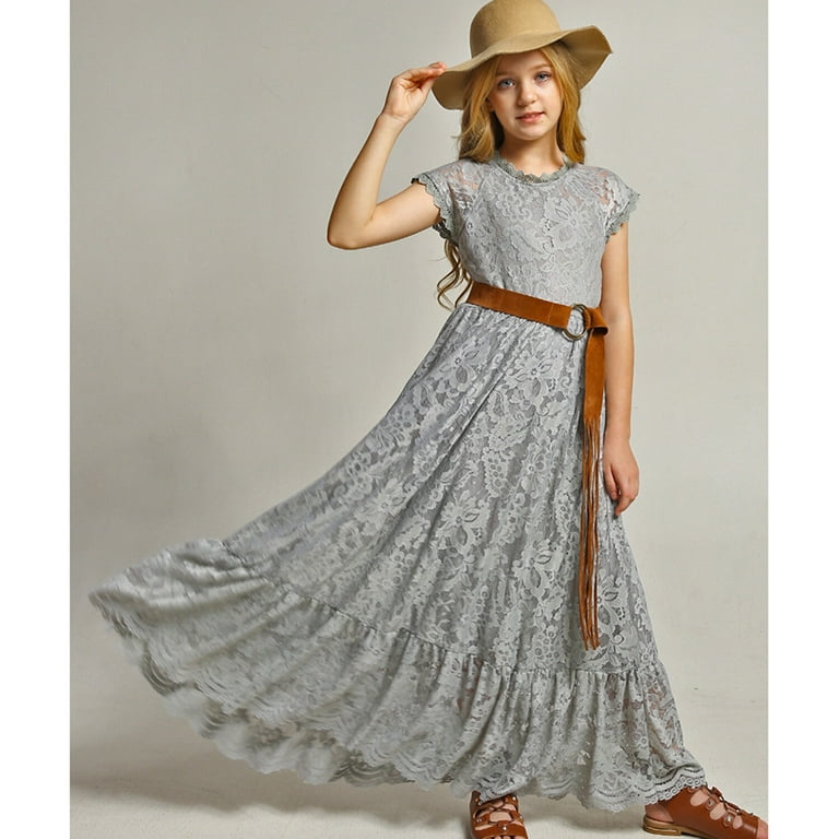 LOEL Girls Cotton Short Sleeve Lace Dress Loose Fit Ruched