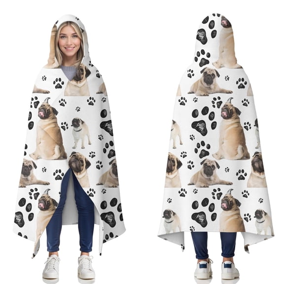 Wearable Blanket,Pug and Footprints Hooded Wearable Flannel Blanket for Adults & Teens,Winter Poncho Shawl Wrap Cape Cozy Anti-Pill,50"x60"