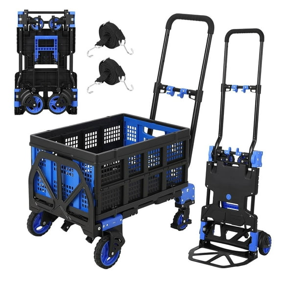 Garvee Folding Hand Truck Dolly with Basket, 2-in-1 Heavy Duty Dolly Cart with Wheels, 330LBS Capacity Convertible Handcart with Retractable Handle for Moving, Blue Black