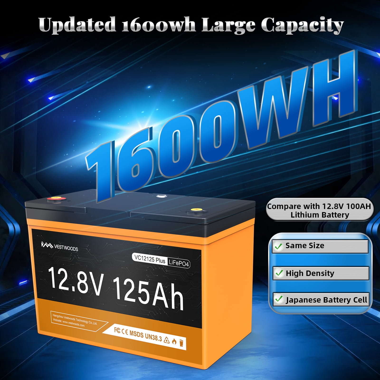 12V 125Ah LiFePO4 Lithium Battery, 1600Wh Group 31 Deep Cycle Marine RV Battery, Bluetooth 100A-BMS 1280W, Max. 15000 Cycles IP65 for Trolling Motor, Camper, Trailer, Solar Off-Grid Energy, Golf Cart