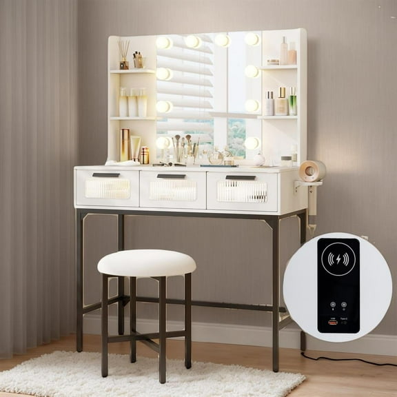 Topcobe Bedroom Makeup Vanity Desk with Hollywood Mirror and Lights, Modern Furniture for Indoor-White