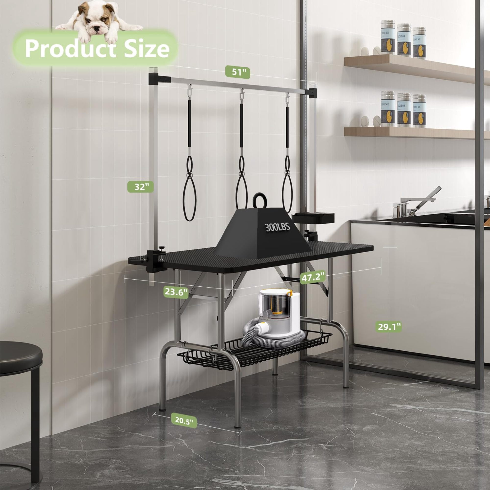 Leumius 47Inch Black Pet Grooming Table, Stainless Steel Foldable Grooming Table for Dogs at Home Adjustable Height Arms Pet Station with Nooses, Mesh Tray, Tool Organizer