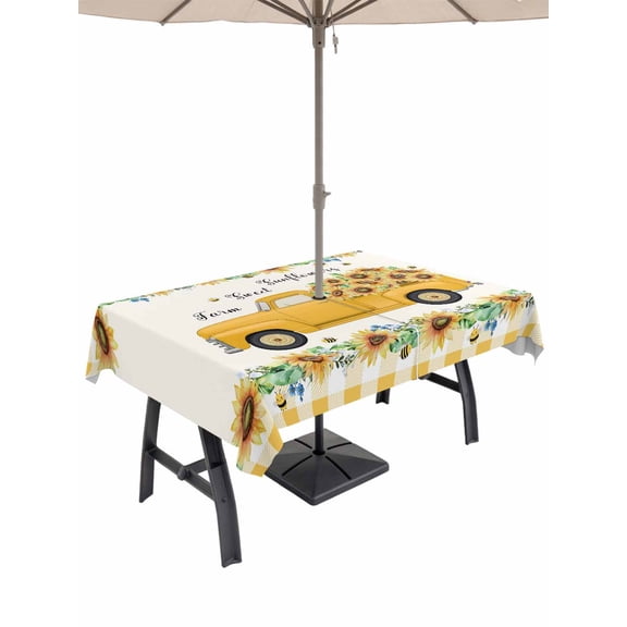Outdoor Tablecloth with Umbrella Hole for Patio/Picnic/Party/Camping, Yellow Sunflowers Waterproof Table Cloth Rectangle Table Cover Washable, Summer Spring Botanical Truck Bees Check (60"x 102")