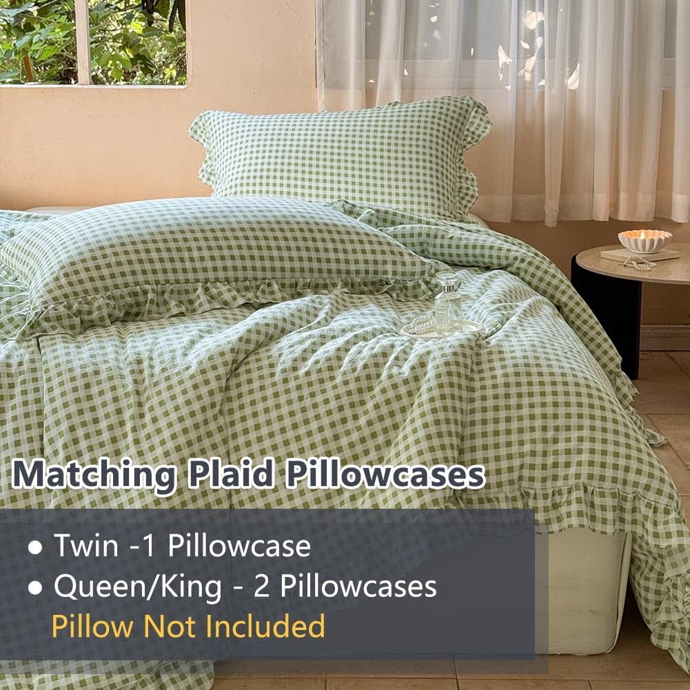 Sage Green Gingham Ruffle Queen Comforter Set, Green Ruffled Plaid Bedding Set, Ruffled Checked Bed Comforter 3 Pieces(Sage Green Gingham, Queen)