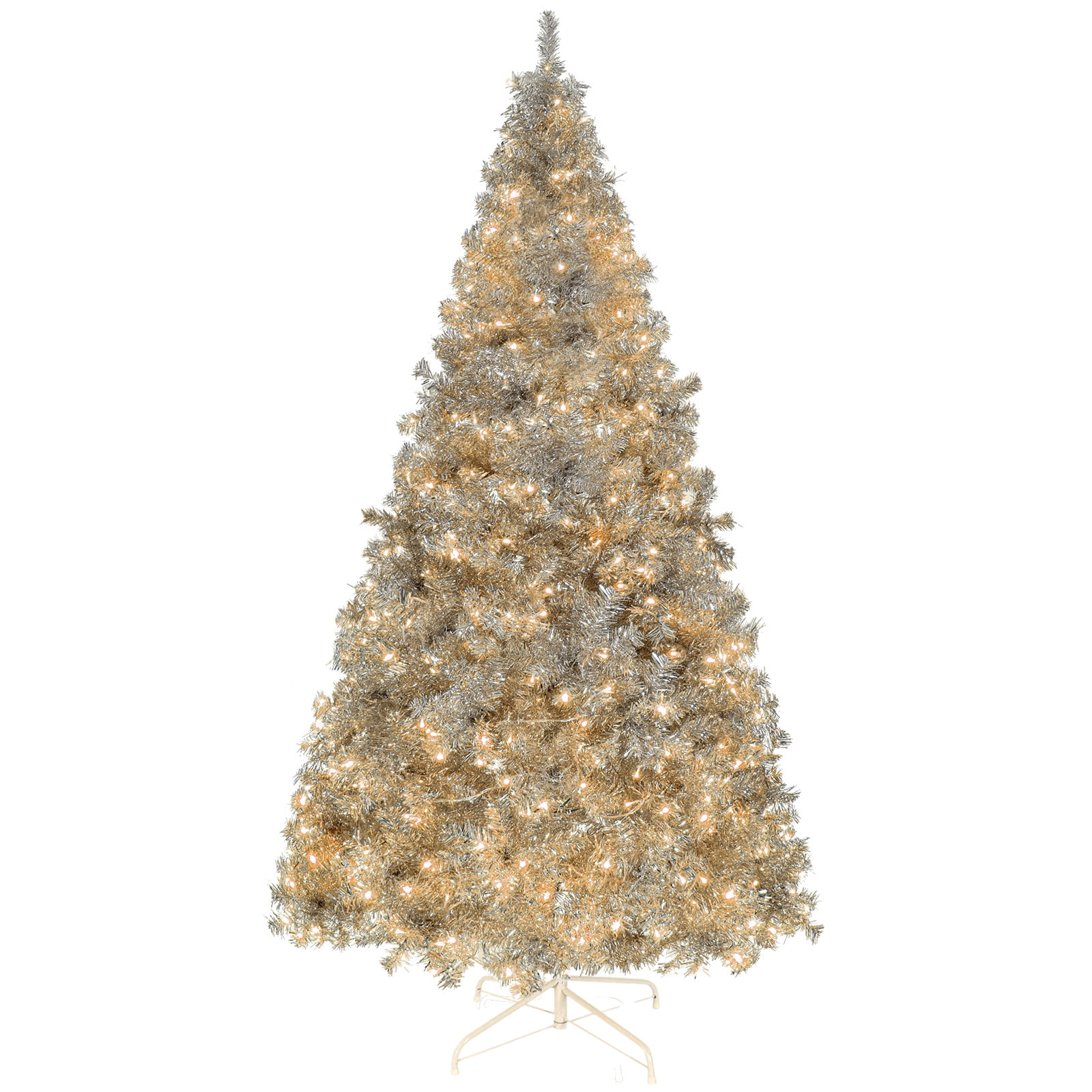 Astoutdoor 6 ft Pre-Lit Artificial Christmas Tree, Silver, 900 Branch Tips, 300 Warm White LED Lights, 8 Modes, Remote Control, Hinged, Metal Stand