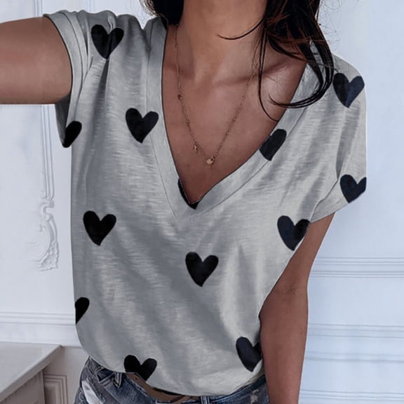 Graphic Tees for Women's T-Shirts Casual V-Neck Heart Printed Short Sleeve Tee for Daily Wear Soft Graphic Top for Women Gray 5XL