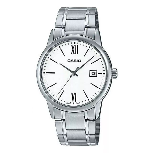 Reloj Casio Mtpv002 7b3 Hombre Acero Negro Fechador Correa Plateado Bisel Plateado Fondo Blanco MTP-V002D-7B3