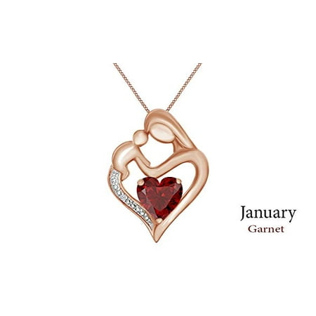 January Birthstone Heart Charm (Simulated Garnet & White Natural Diamond Mother & Child Heart Pendant in 14k Gold Over Sterling Silver (11/10)