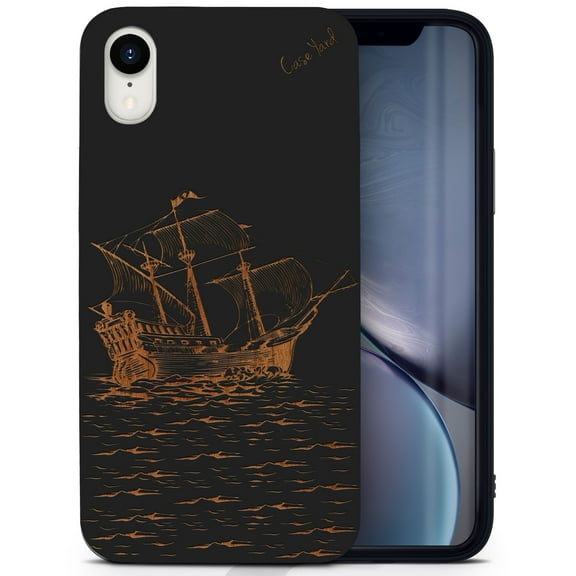 Wood phone case for iPhone XR compatible protective cell phone cover shockproof slim fit laser engraved Sailboat design Black wood case for Men & Women by CaseYard
