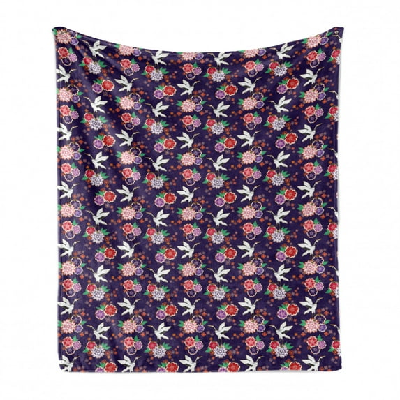Birds Soft Flannel Fleece Throw Blanket, Style Floral Motifs with Flying Crane and Flowers on Nested Fish Scale Pattern, Cozy Plush for Indoor and Outdoor Use, 60" x 80", Multicolor, by Ambesonne