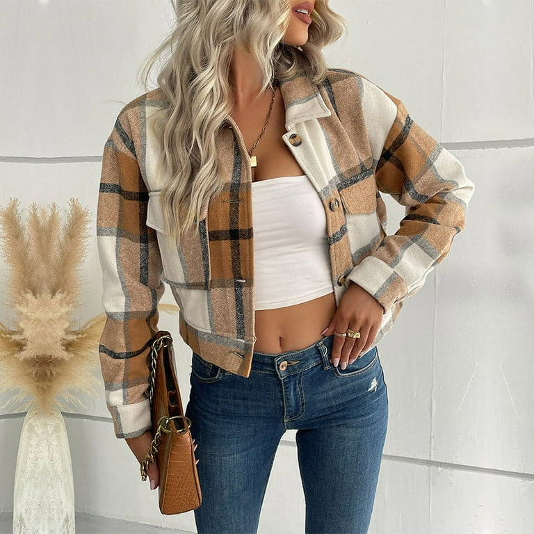 JGGSPWM Women's Flannel Cropped Shacket Classic Plaid Shirt JGGSPWM Women's Flannel Cropped Shacket Classic Plaid Shirt