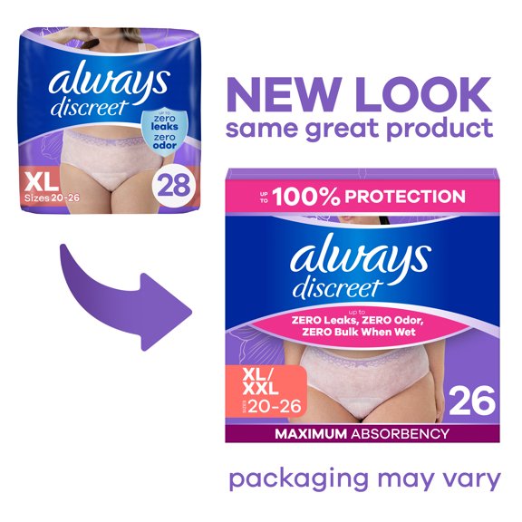 Always Discreet Adult Incontinence Underwear for Women and Postpartum Underwear, XL, Up to 100% Bladder Leak Protection, 28 Count