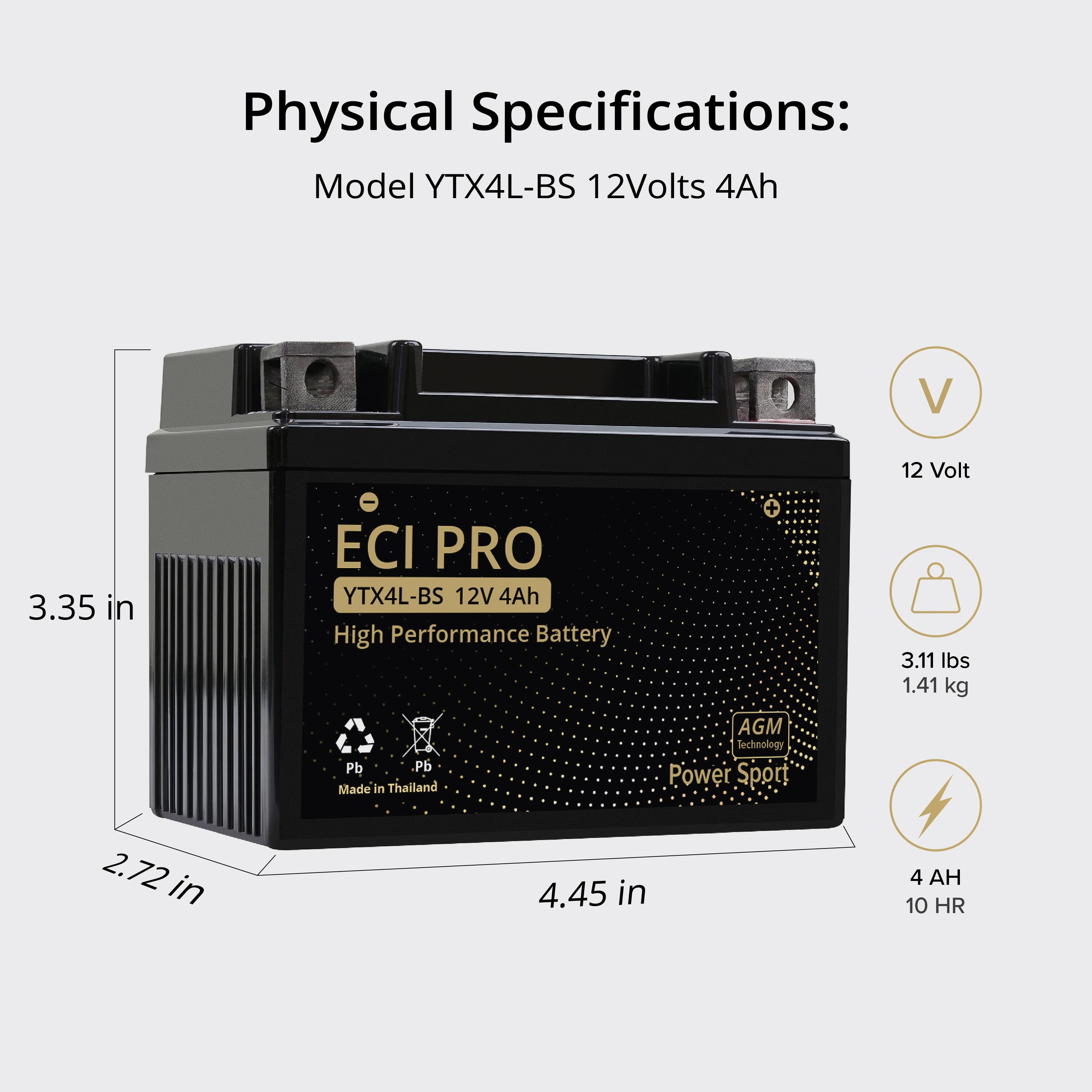 ECI Pro YTX4L-BS AGM Motorcycle Battery 12V 4Ah Maintenance-Free Replacement for ATV Scooter Dirt Bike Jet Ski High Cold Cranking Amps Leak-Proof Powersports Battery