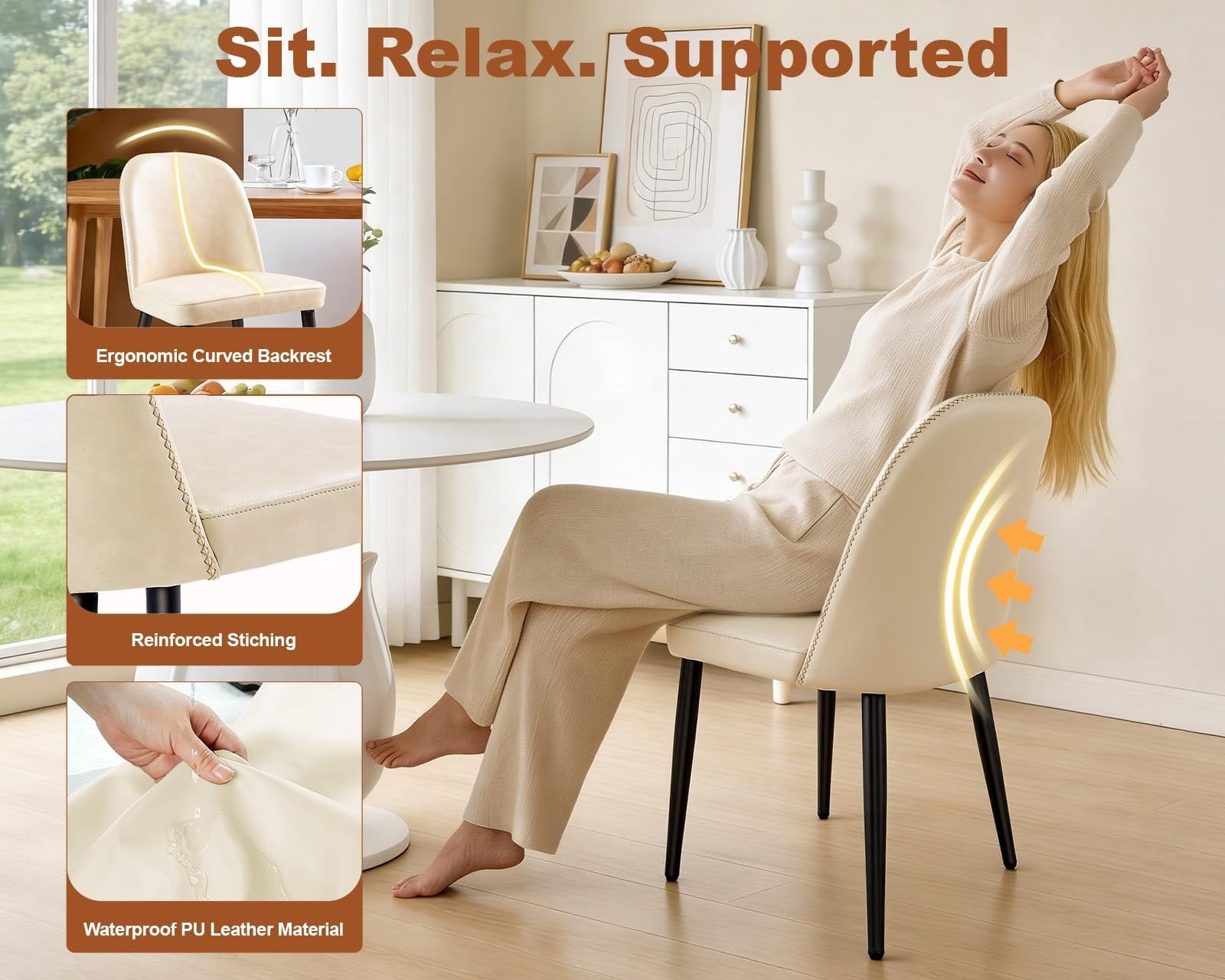 Beige Leather Dining Chairs Set of 2, Modern Upholstered Armless Kitchen Chairs with Metal Legs, Ergonomic Side Chairs for Dining Room, Restaurant, Living Room & Meeting Room