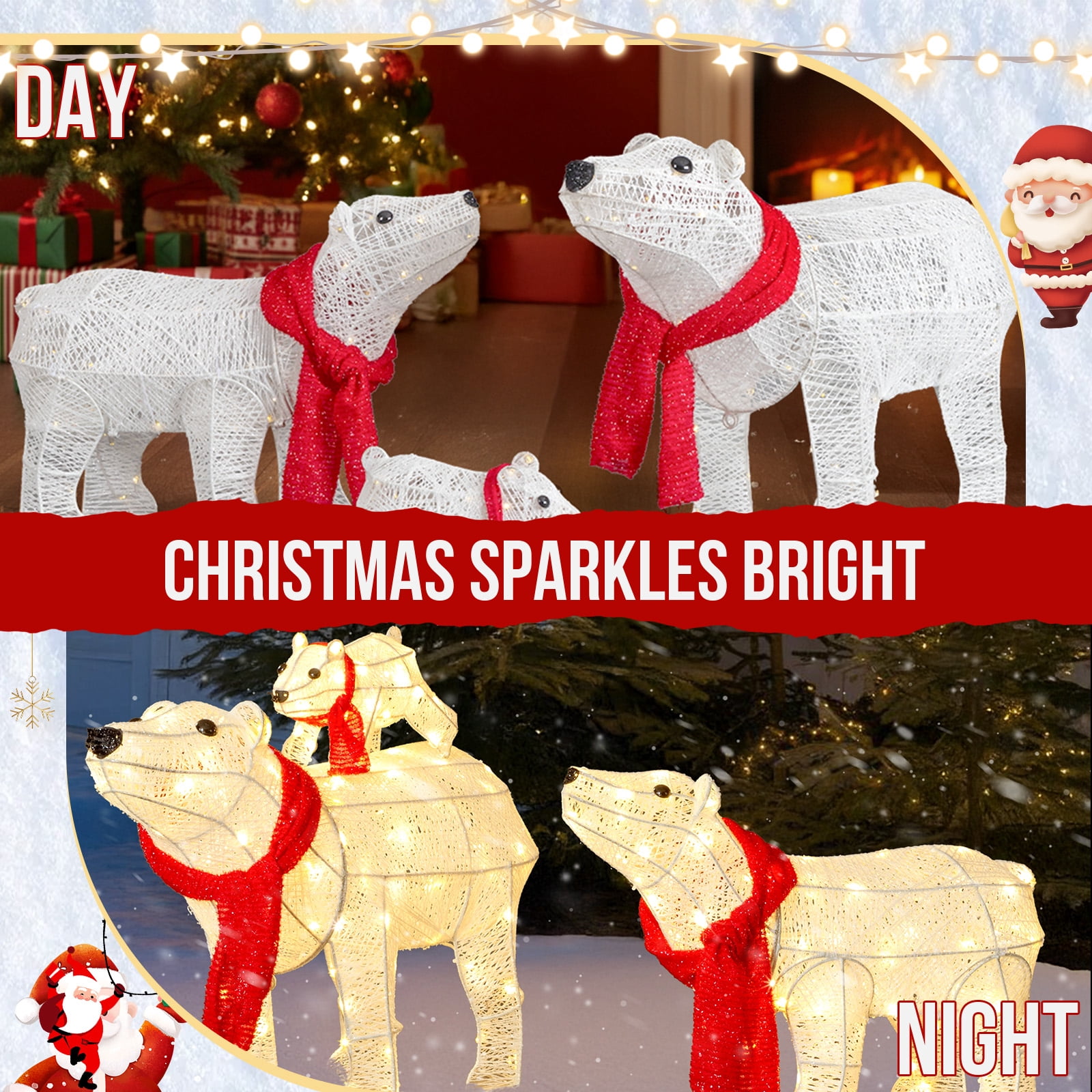 Astoutdoor Set of 3 Lighted Polar Bear Family Christmas Decorations, Pre-lit with 190 Warm White LED Lights, Indoor Outdoor Holiday Display