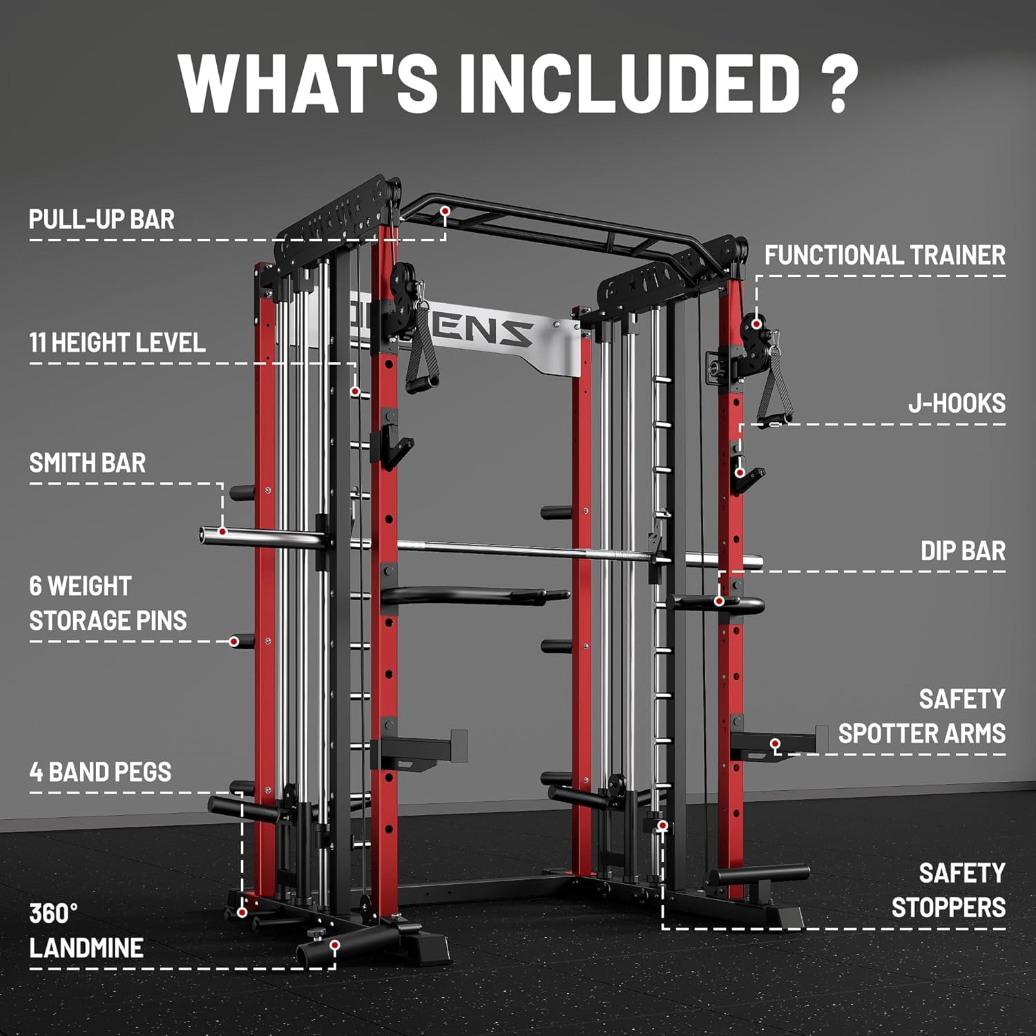 Smith Machine for Home Gym,2000LBS Multi-Function Power Cage with Cable Crossover System, Squat Rack with Smith Bar and More Attachment