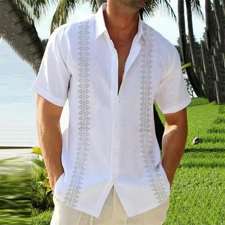 YLSDL Mens Cuban Guayabera Shirts Button Down Stand Up Collar Summer Tops Loose Casual Summer Beach Vacation Party T shirts Tropical Hawaiian Tees Short Sleeve Blouse White XL Walmart