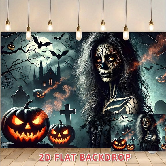 Halloween Horror Themed Backdrop, Spooky Skeleton Witch Pumpkin Graveyard Scene Decor Cloth, Perfect For Halloween Party Indoor Decoration And Photography Background Wall