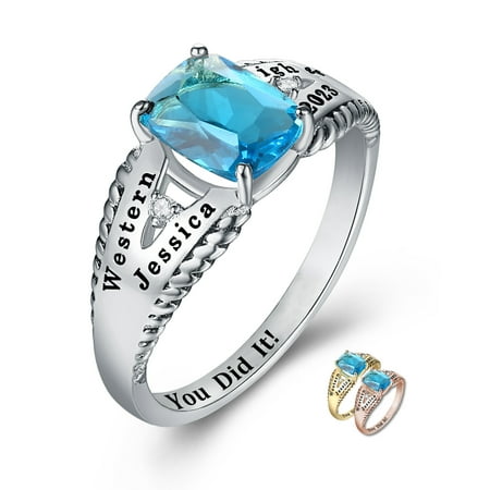 Mementos USA Custom Women's Class Rings Sterling Silver for High School or College-Rhodium Plated