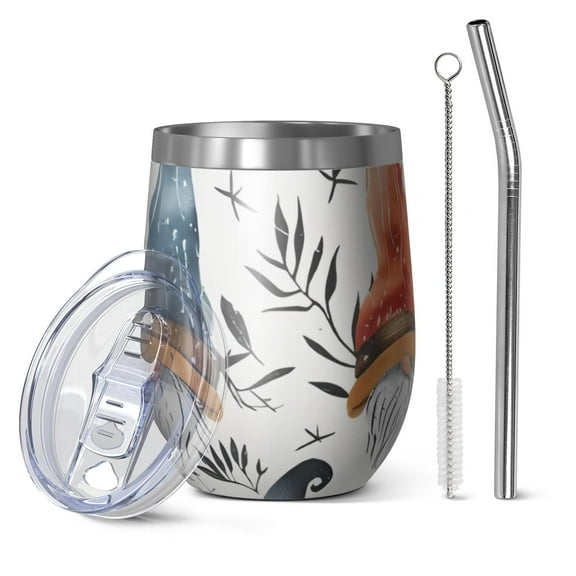12oz Stemless Wine Tumblers Multicolor Christmas Gnome Pattern Vacuum Insulated Stainless Steel Travel Tumbler Cups Mug with Lid and Straw for Champaign,Cocktail,Beer with Cleaning Brush